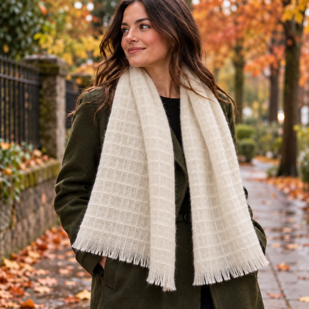 Vintage Seafield Scotland Pure New Wool Cream Open Weave Windowpane Scarf Wrap